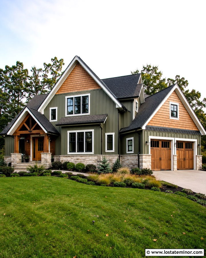 Olive Green House With Cedar Gable Accents - 30 Olive Green House Design With Gables Ideas