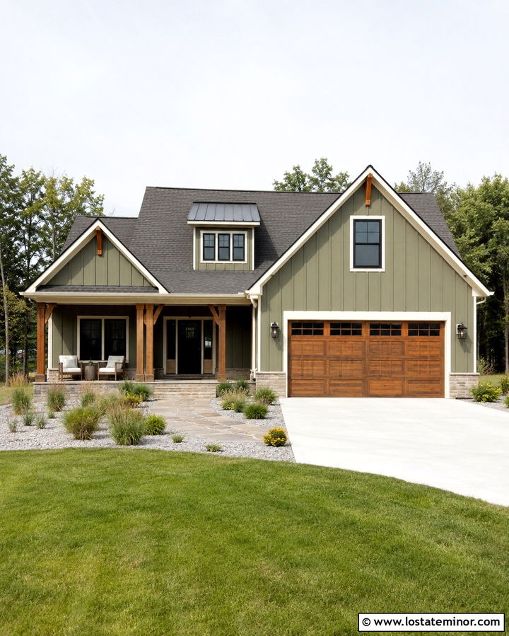 Olive Green House With Cedar Garage Door - 30 Olive Green House Design With Garage Door Ideas
