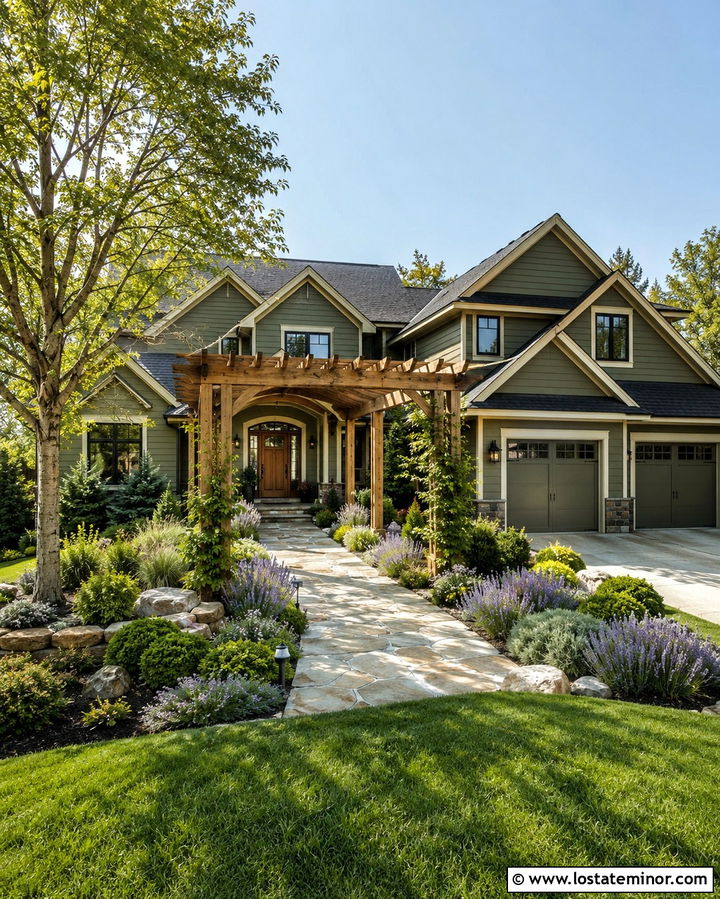 Olive Green House With Cedar Pergola - 30 Olive Green House Design With Front Yard Ideas