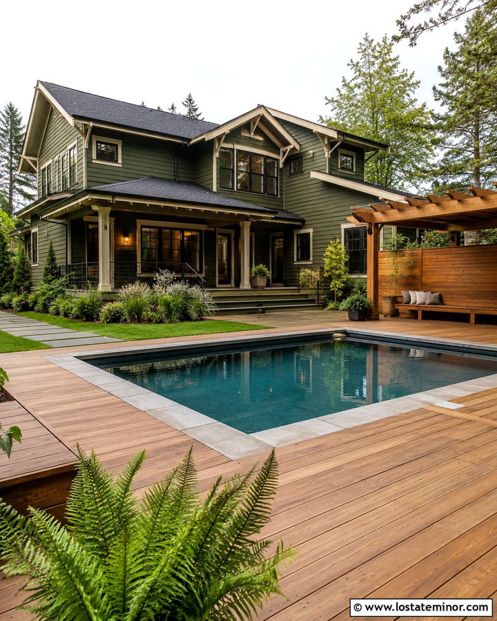 Olive Green House With Cedar Pool Deck - 30 Olive Green House Design With Swimming Pool Ideas
