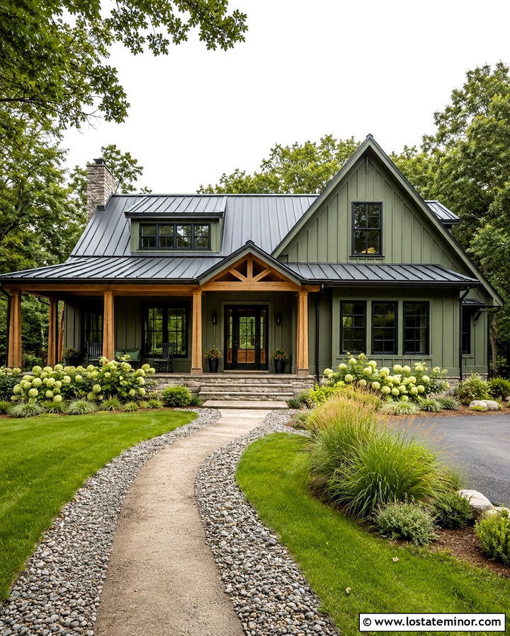 Olive Green House With Cedar Porch And Storm Door - 30 Olive Green House Design With Storm Door Ideas