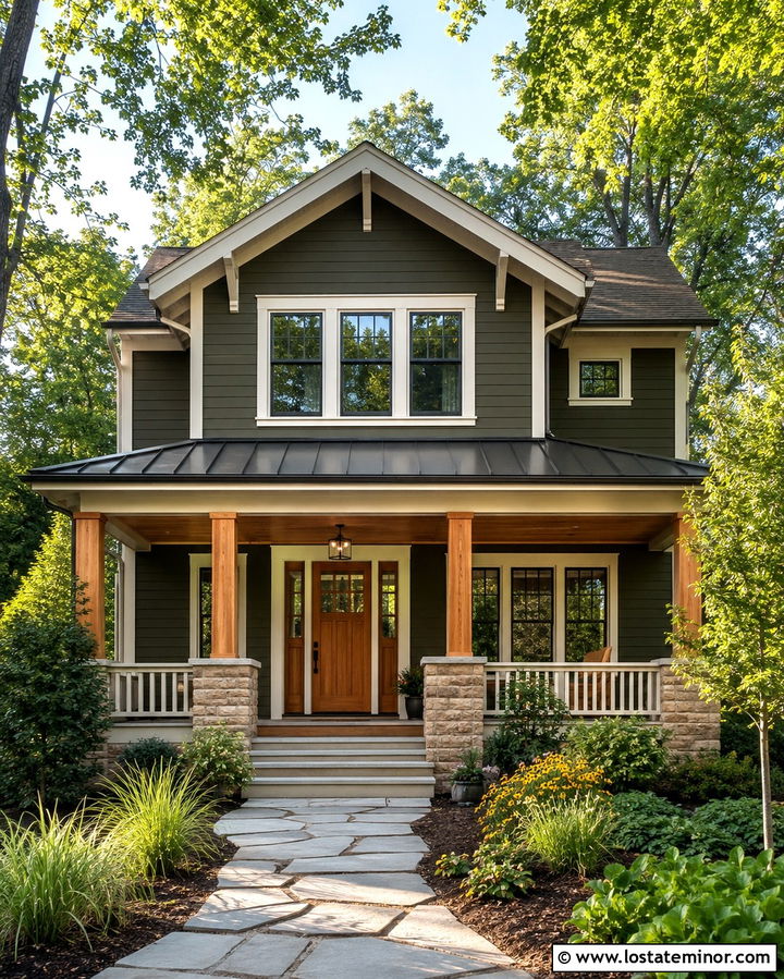 Olive Green House With Cedar Porch Ceiling - 30 Olive Green House Design With Porch Ceiling Ideas