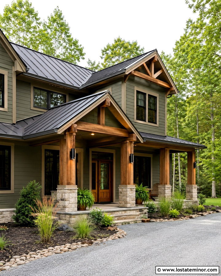 Olive Green House With Cedar Porch Lights - 30 Olive Green House Design With Lighting Ideas