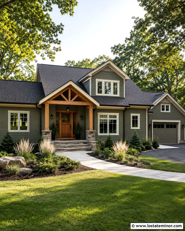 Olive Green House With Cedar Portico - 30 Olive Green House Design With Portico Ideas