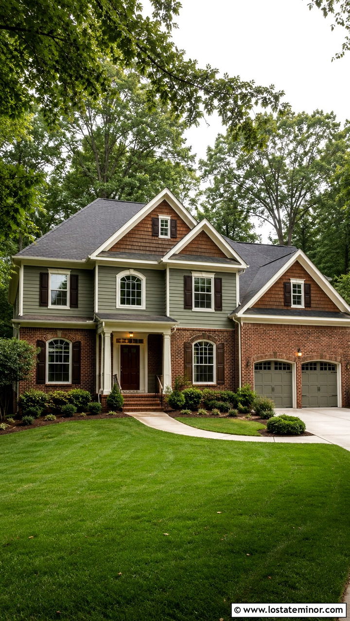 Olive Green House With Cedar Shake And Red Brick - 30 Olive Green House Design With Cedar Shake Ideas
