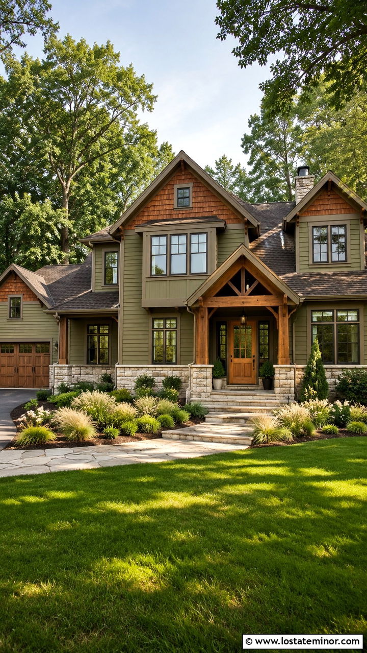 Olive Green House With Cedar Shake And Tan Stone - 30 Olive Green House Design With Cedar Shake Ideas