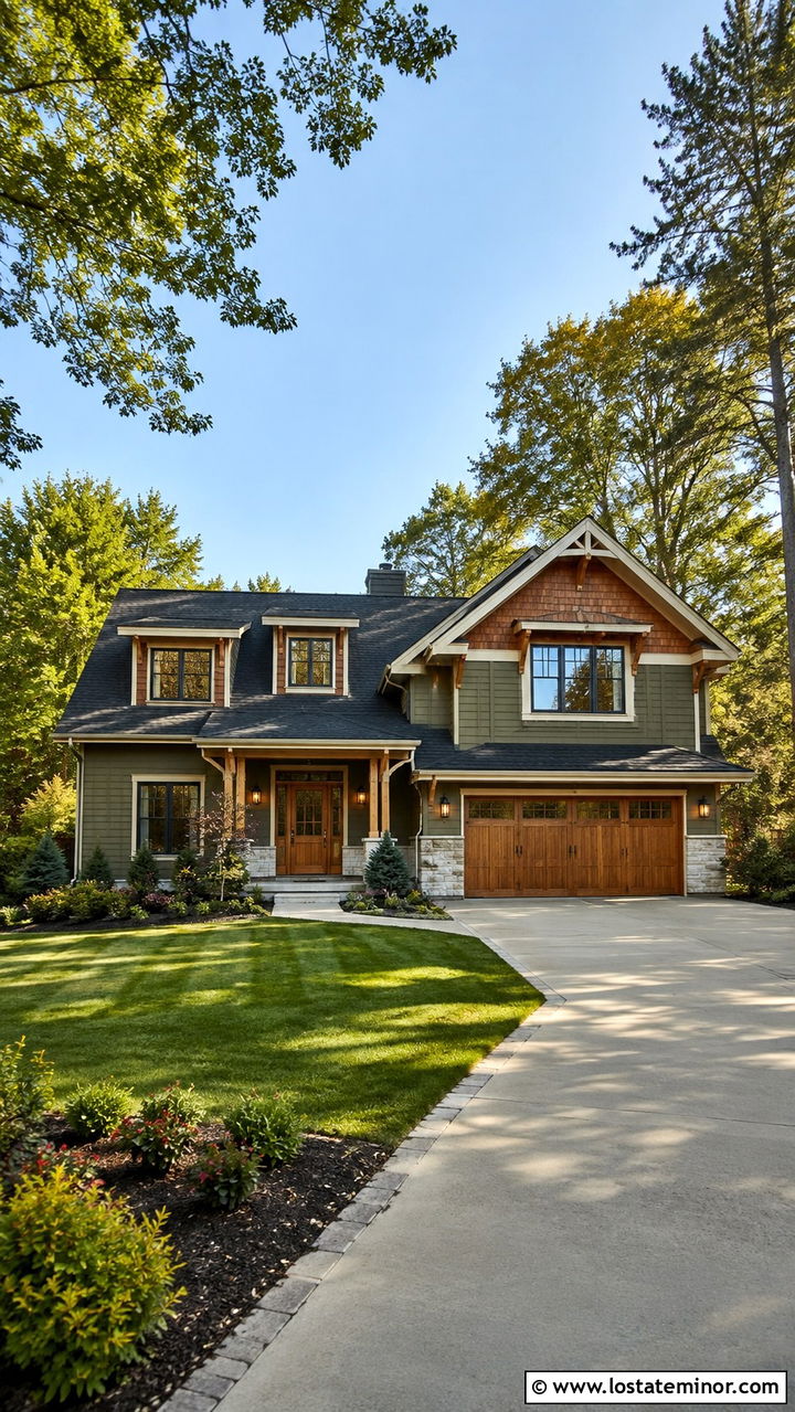 Olive Green House With Cedar Shake And Wood Garage Door - 30 Olive Green House Design With Cedar Shake Ideas