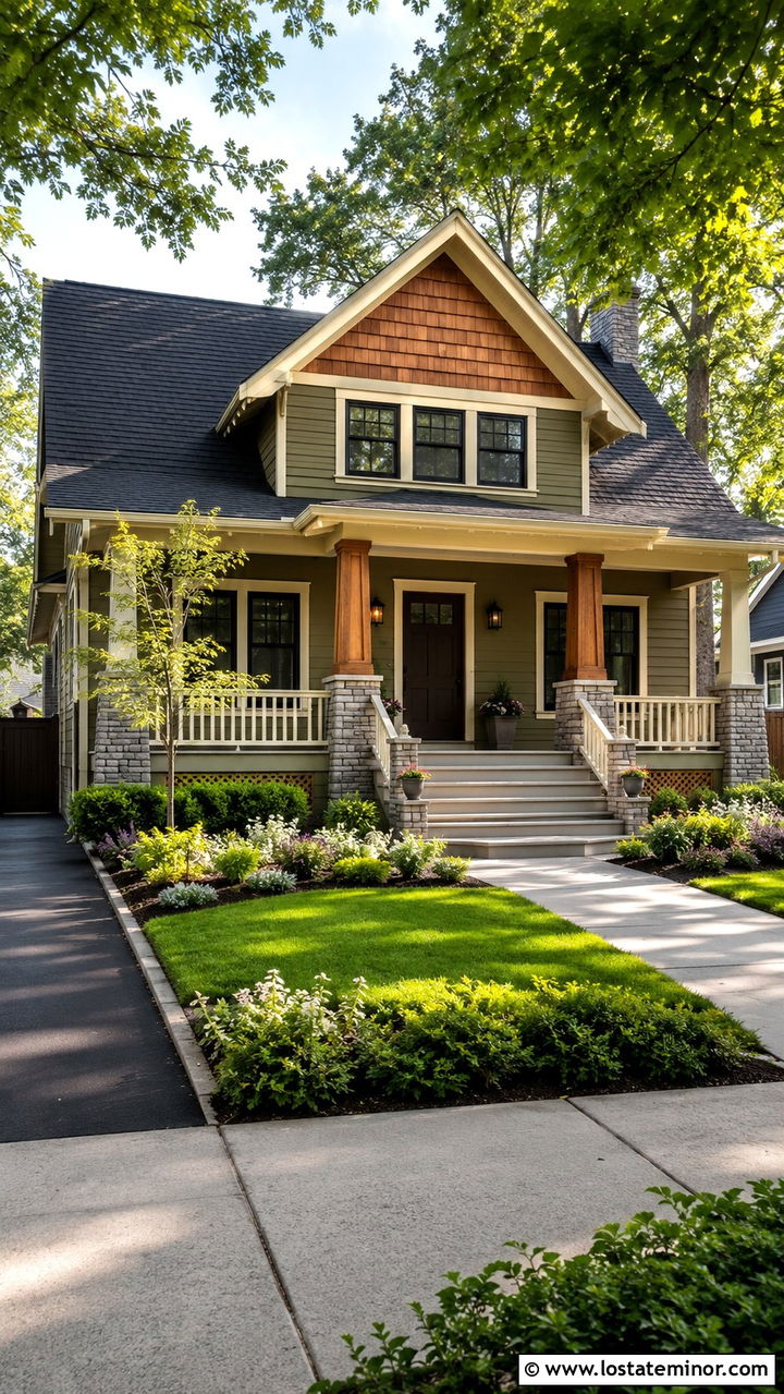 Olive Green House With Cedar Shake Porch Columns - 30 Olive Green House Design With Cedar Shake Ideas