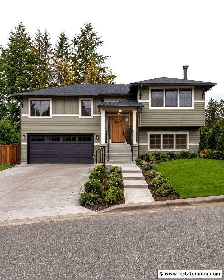 Olive Green House With Charcoal Garage Door - 30 Olive Green House Design With Garage Door Ideas