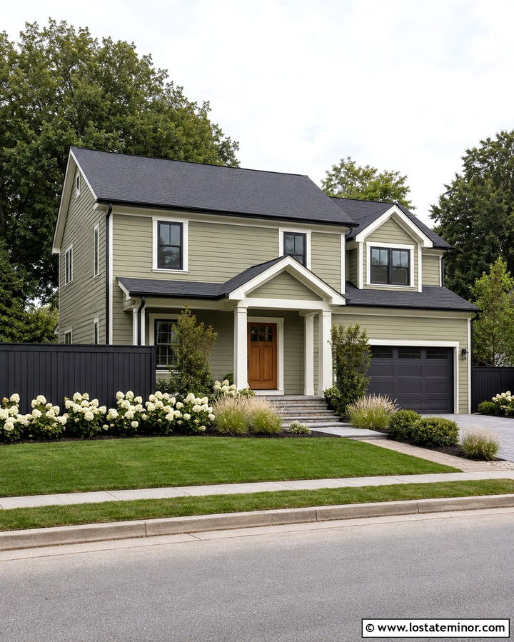 Olive Green House With Charcoal Privacy Fence - 30 Olive Green House Design With Fence Ideas