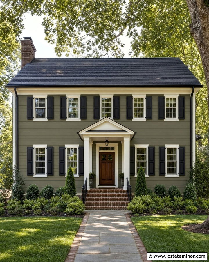 Olive Green House With Charcoal Roof And Black Shutters - 30 Olive Green House Design With Accents Ideas