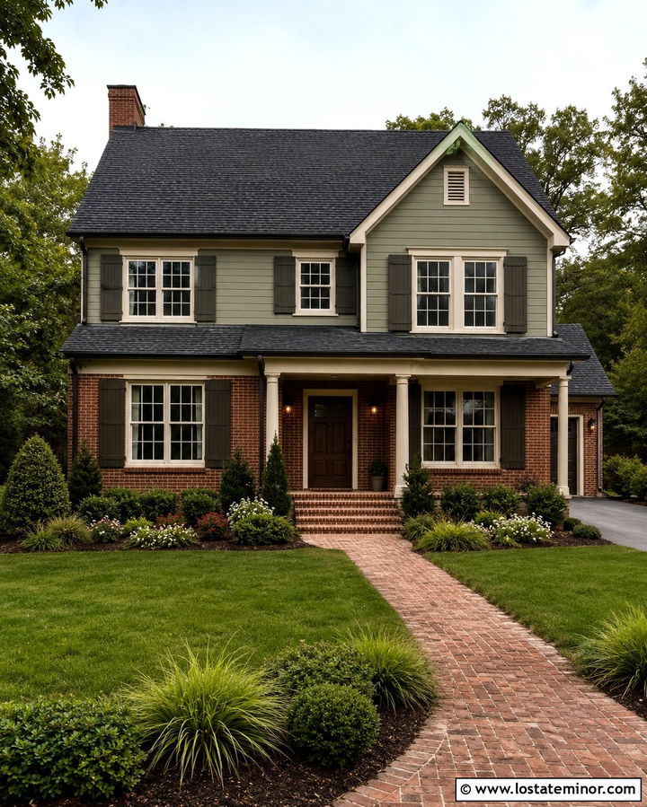 Olive Green House With Charcoal Roof And Brick - 30 Olive Green House Design With Roof Ideas