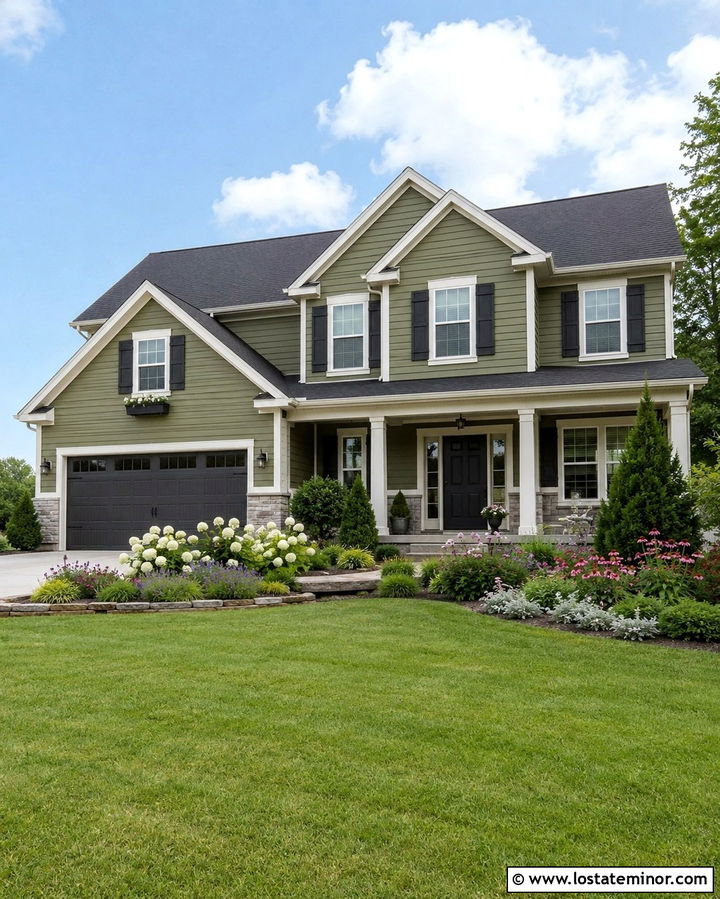 Olive Green House With Charcoal Roof And White Garden - 30 Olive Green House Design With Landscaping Ideas