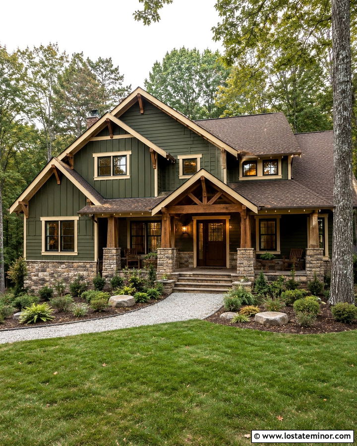 Olive Green House With Chocolate Brown Front Door - 30 Olive Green House Design With Front Door Ideas