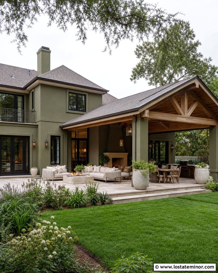 Olive Green House With Complete Outdoor Living Room - 30 Olive Green House Design With Backyard Ideas