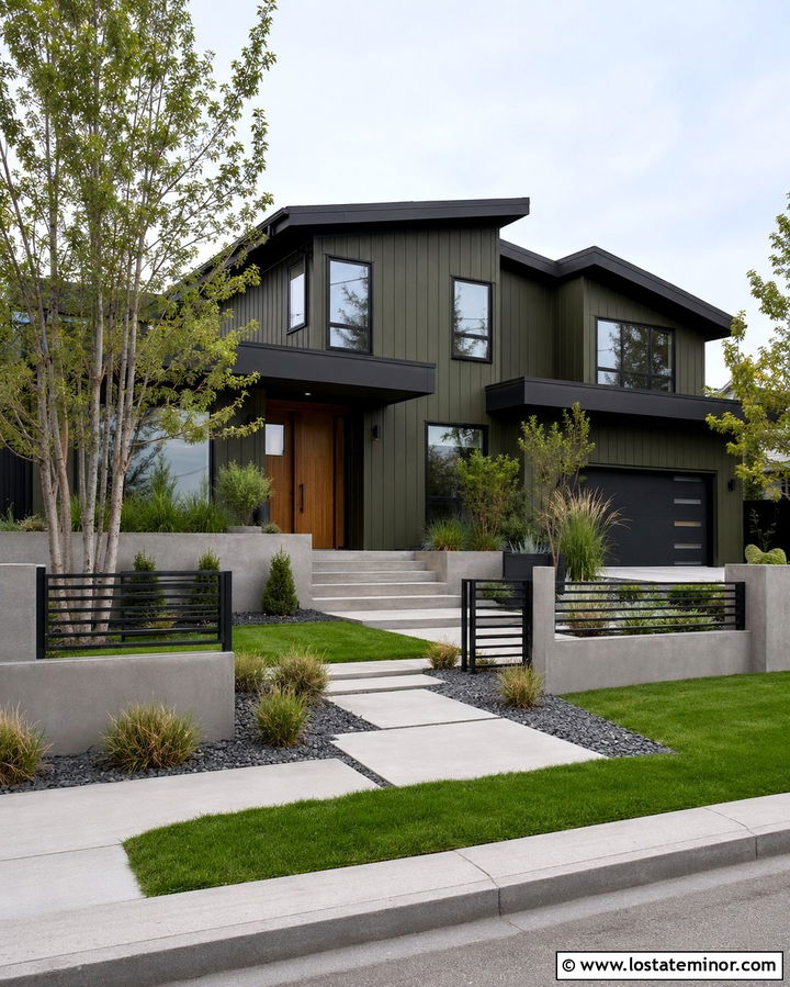 Olive Green House With Concrete Wall Fence - 30 Olive Green House Design With Fence Ideas