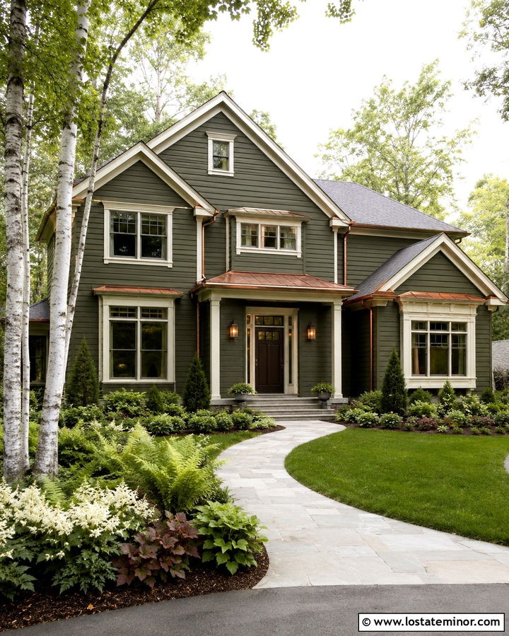 Olive Green House With Copper Accents And Birch Trees - 30 Olive Green House Design With Landscaping Ideas