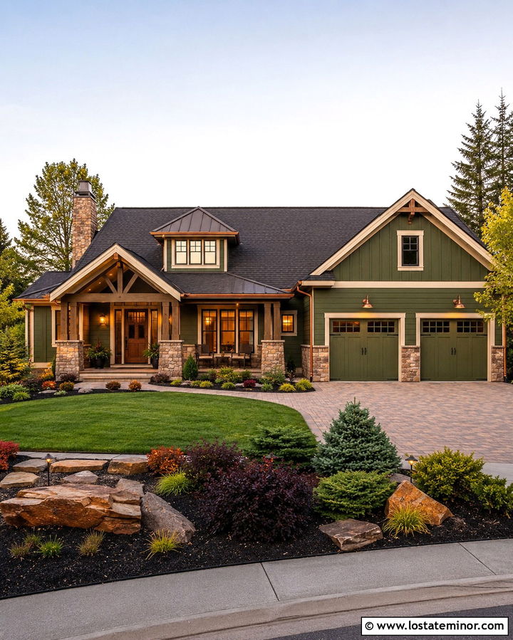Olive Green House With Copper Accents - 30 Olive Green House Design With Front Yard Ideas