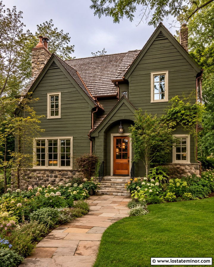 Olive Green House With Copper Entry Door - 30 Olive Green House Design With Entry Door Ideas
