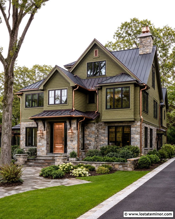 Olive Green House With Copper Front Door - 30 Olive Green House Design With Front Door Ideas