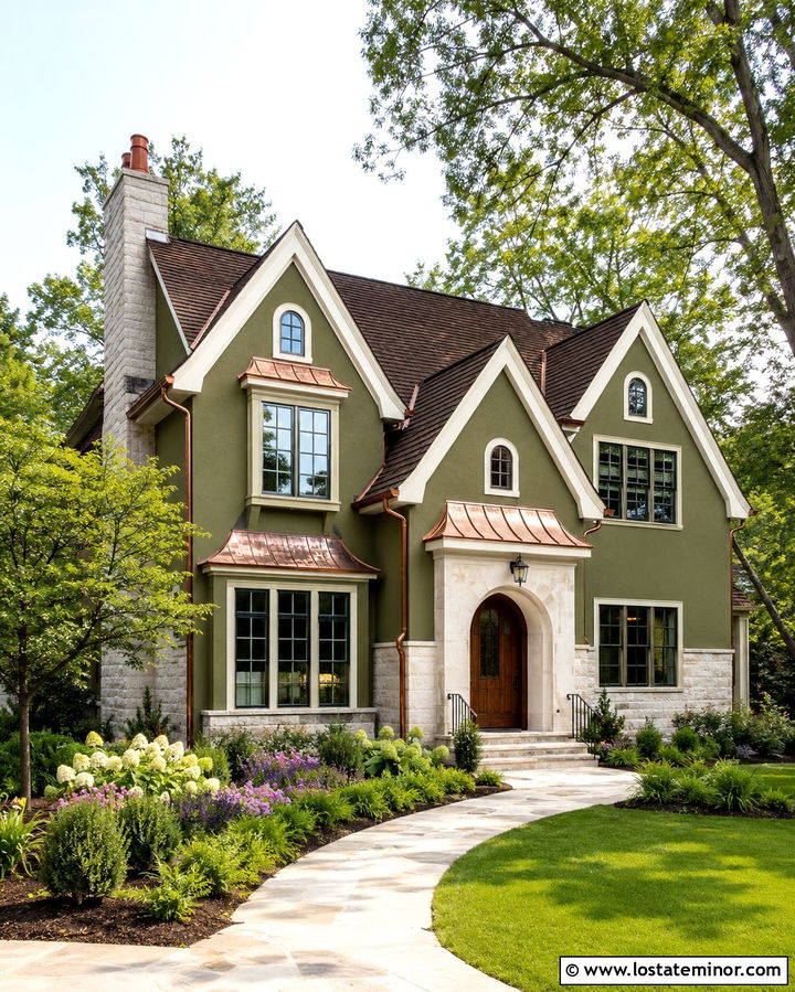 Olive Green House With Copper Gable Details - 30 Olive Green House Design With Gables Ideas