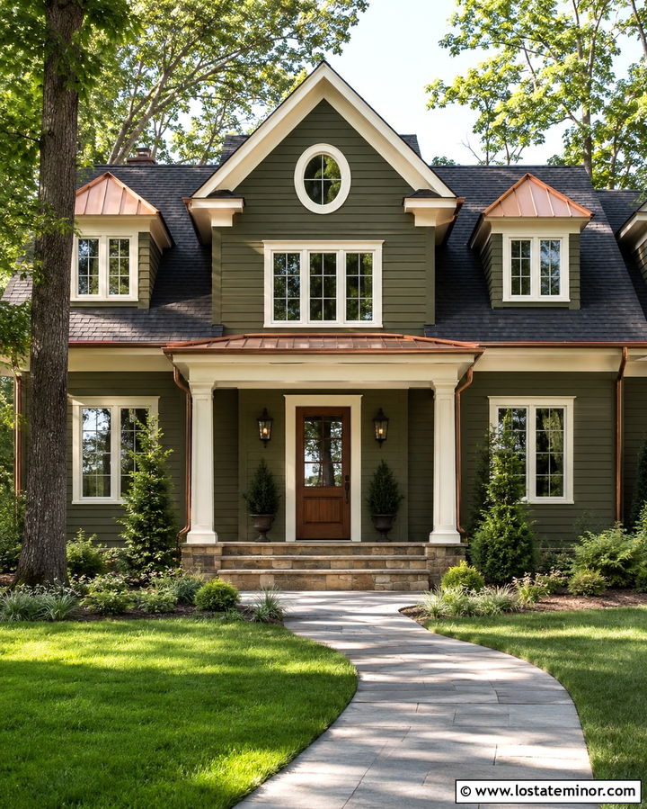 Olive Green House With Copper Gutters And Dormers - 30 Olive Green House Design With Dormers Ideas