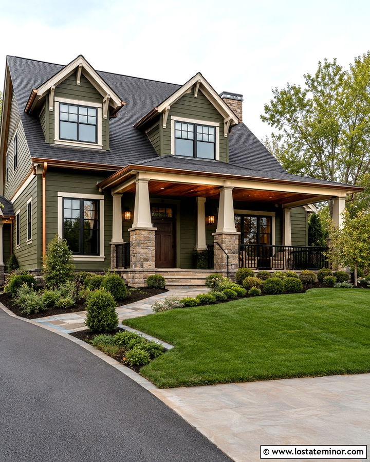 Olive Green House With Copper Porch Ceiling - 30 Olive Green House Design With Porch Ceiling Ideas