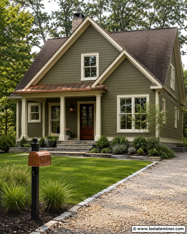 Olive Green House With Copper Post Mailbox - 30 Olive Green House Design With Mailbox Ideas
