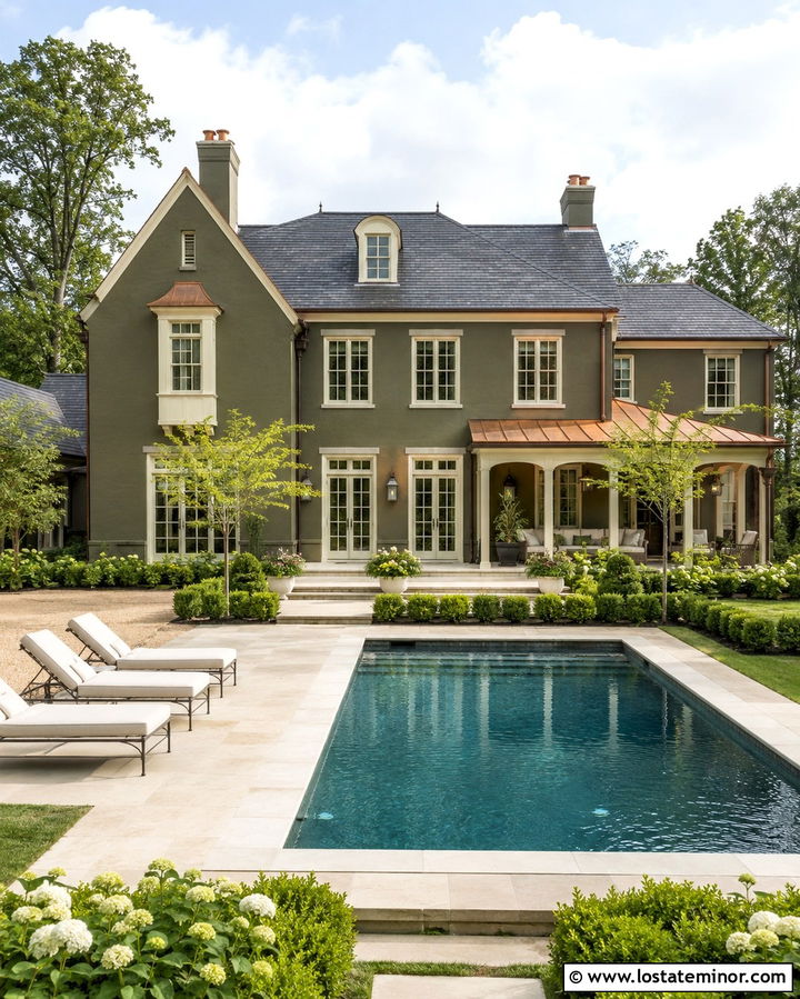 Olive Green House With Copper Roof And Pool - 30 Olive Green House Design With Swimming Pool Ideas