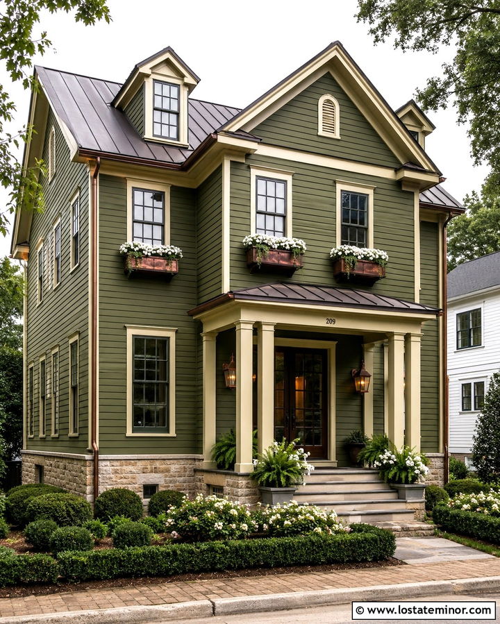 Olive Green House With Copper Window Boxes - 30 Olive Green House Design With Window Boxes Ideas