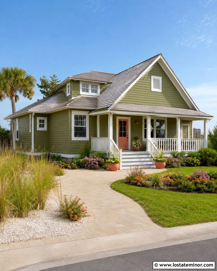 Olive Green House With Coral Entry Door - 30 Olive Green House Design With Entry Door Ideas