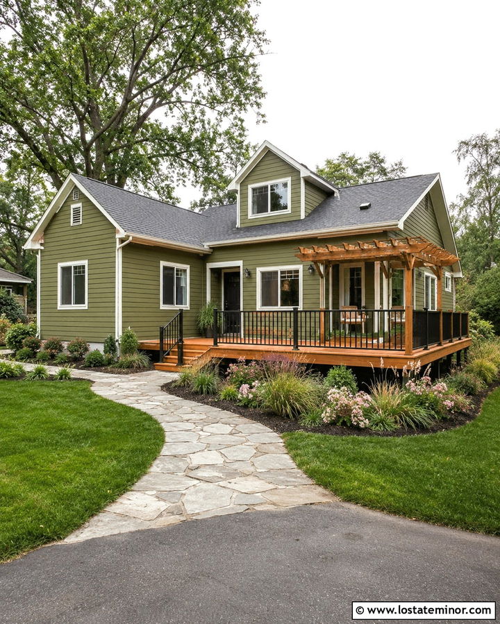 Olive Green House With Corner Deck - 30 Olive Green House Design With Deck Ideas