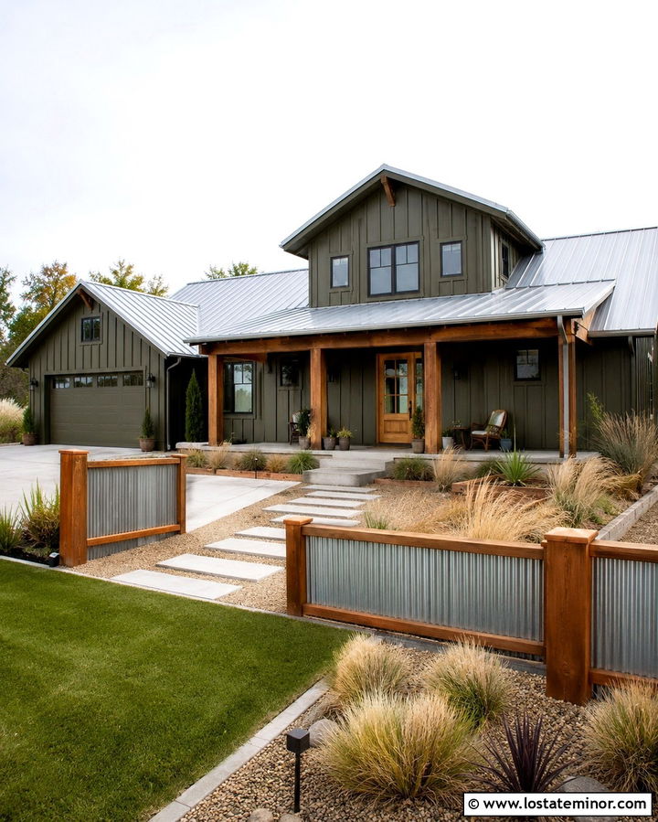 Olive Green House With Corrugated Metal Fence - 30 Olive Green House Design With Fence Ideas