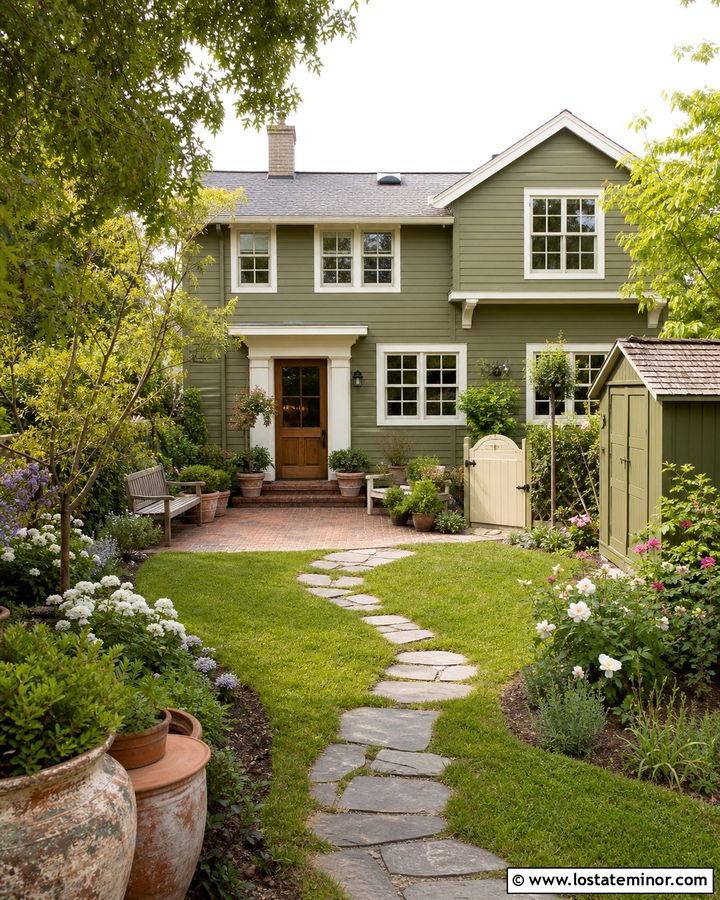 Olive Green House With Cottage Garden - 30 Olive Green House Design With Backyard Ideas
