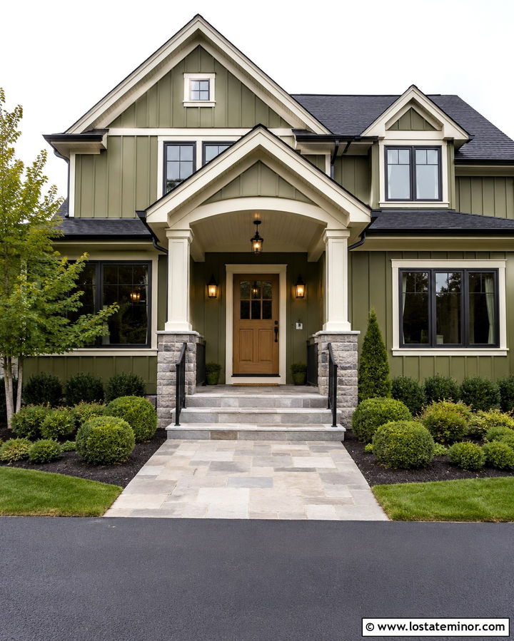 Olive Green House With Covered Entry Steps - 30 Olive Green House Design With Steps Ideas