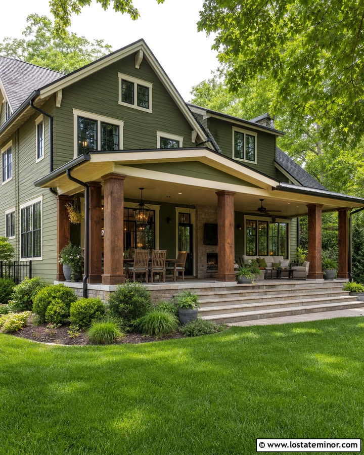 Olive Green House With Covered Porch - 30 Olive Green House Design With Backyard Ideas
