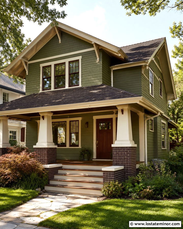 Olive Green House With Craftsman Porch Columns - 30 Olive Green House Design With Porch Columns Ideas