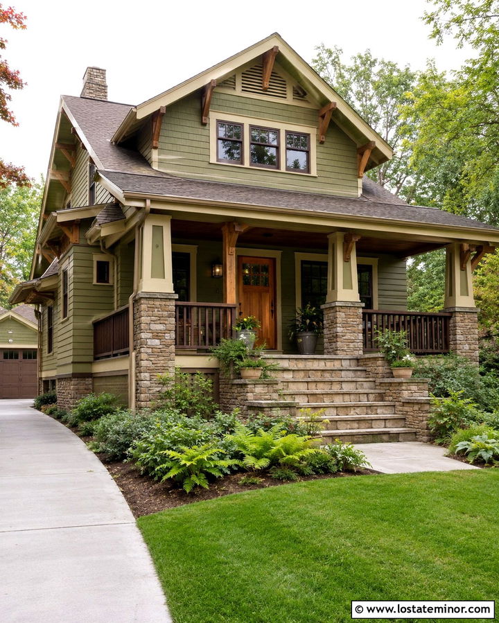 Olive Green House With Craftsman Square Railings - 30 Olive Green House Design With Railings Ideas