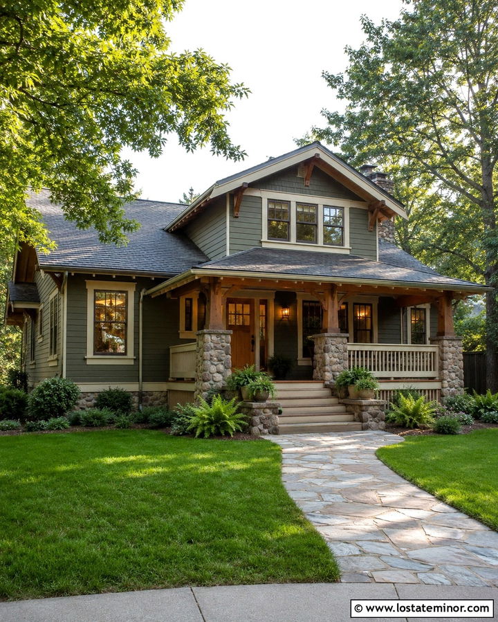 Olive Green House With Craftsman Wood Entry Door - 30 Olive Green House Design With Entry Door Ideas