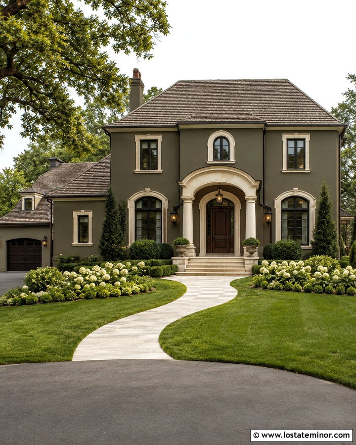 Olive Green House With Cream Arched Portico - 30 Olive Green House Design With Portico Ideas