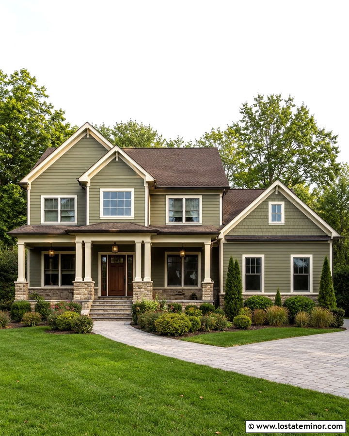Olive Green House With Cream Columns And Brown Roof - 30 Olive Green House Design With Porch Columns Ideas