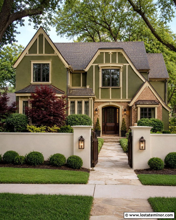 Olive Green House With Cream Fence - 30 Olive Green House Design With Fence Ideas