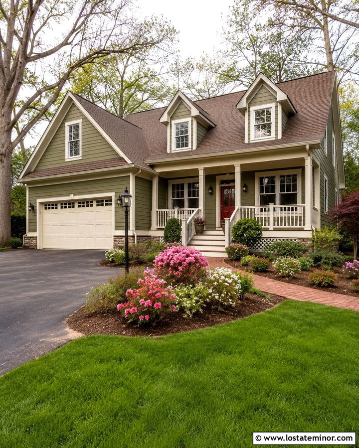 Olive Green House With Cream Garage Door - 30 Olive Green House Design With Garage Door Ideas