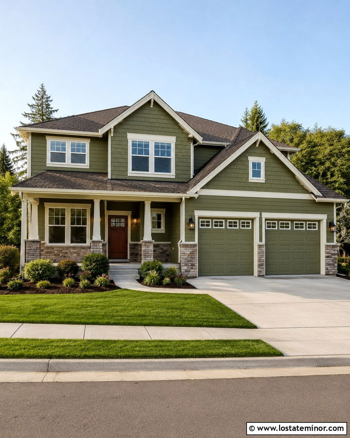 Olive Green House With Cream Garage Trim - 30 Olive Green House Design With Trim Ideas