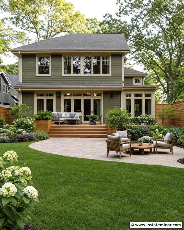 Olive Green House With Cream Trim And Cedar Fence - 30 Olive Green House Design With Backyard Ideas
