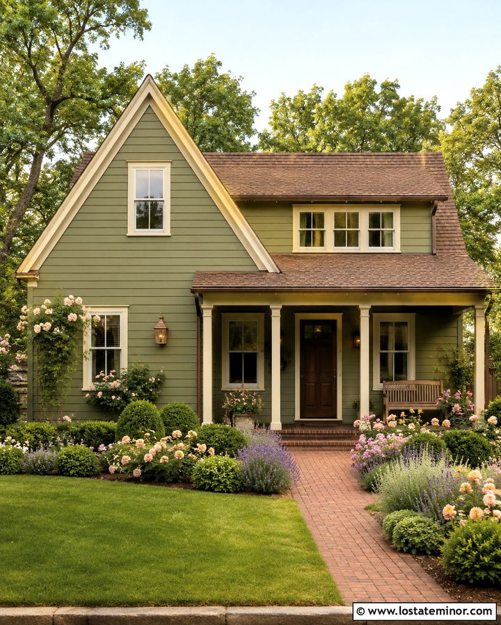 Olive Green House With Cream Trim And Rose Garden - 30 Olive Green House Design With Landscaping Ideas