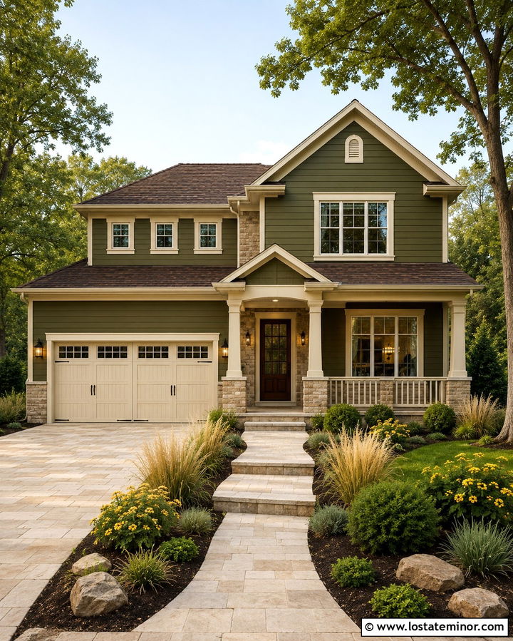 Olive Green House With Cream Trim - 30 Olive Green House Design With Front Yard Ideas