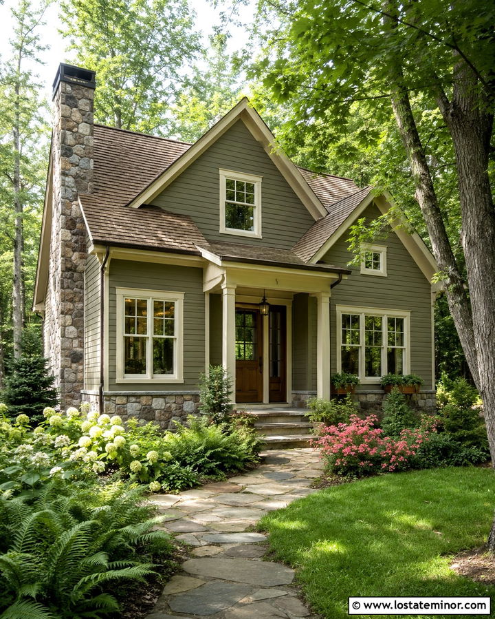 Olive Green House With Cream Windows And Fieldstone - 30 Olive Green House Design With Window Frames Ideas