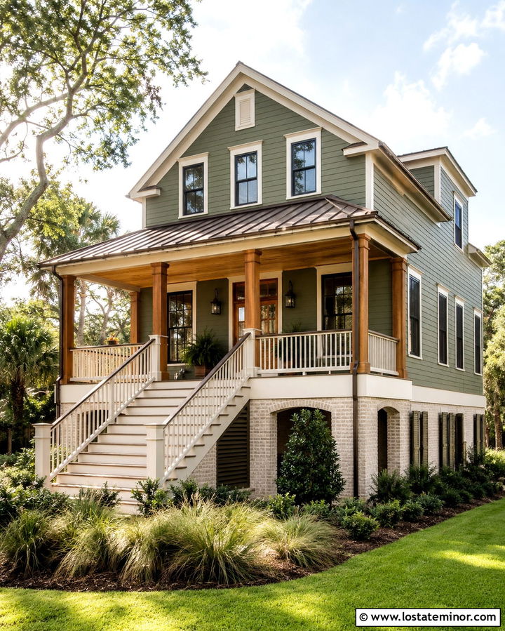 Olive Green House With Cypress Porch Ceiling - 30 Olive Green House Design With Porch Ceiling Ideas