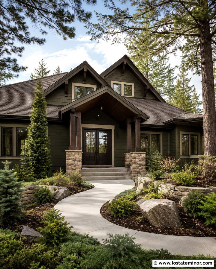 Olive Green House With Dark Wood Porch Ceiling - 30 Olive Green House Design With Porch Ceiling Ideas